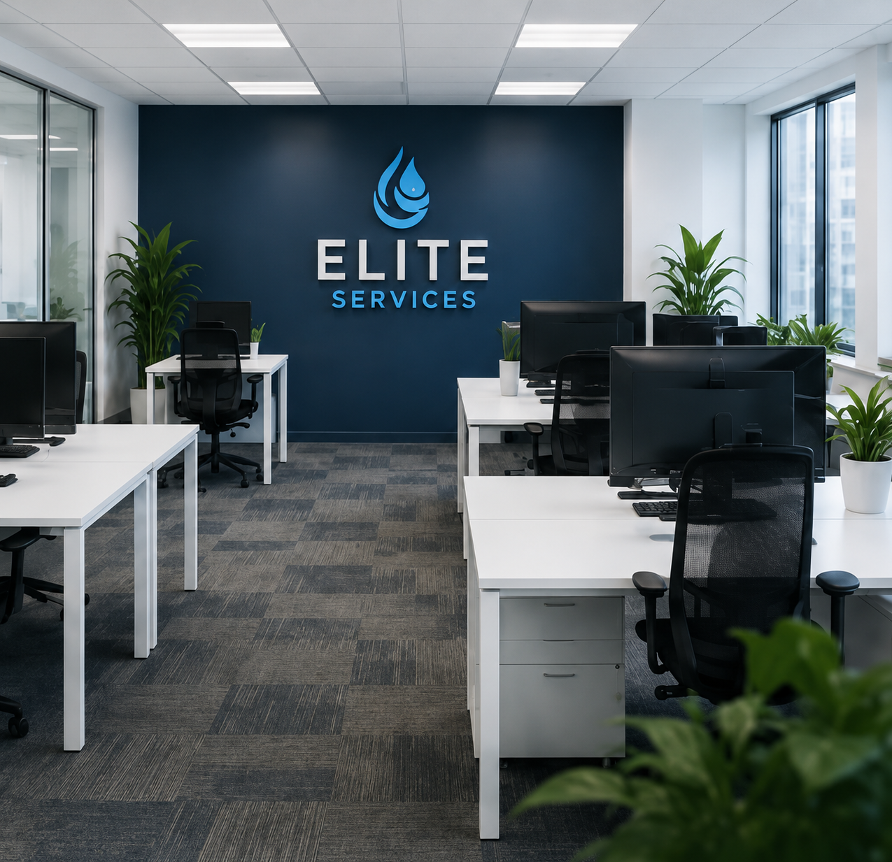 Bureaux modernes propres avec mur de marque Elite Clean Services à Genève